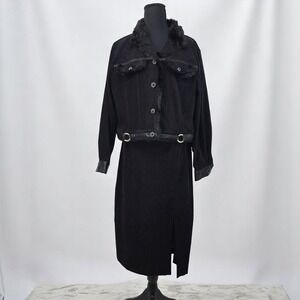 VTG Nancy Bolen City Girl Petite Skirt Set Jacket Faux‎ Fur Trim Black Woman XL